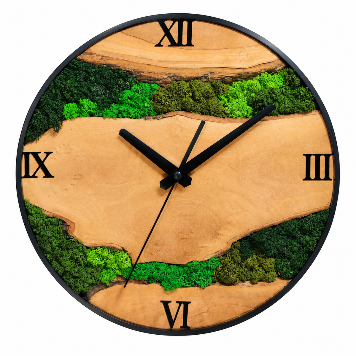 Natural Wood & Preserved Moss Wall Clock, Silent Rustic Wooden Art Decor
