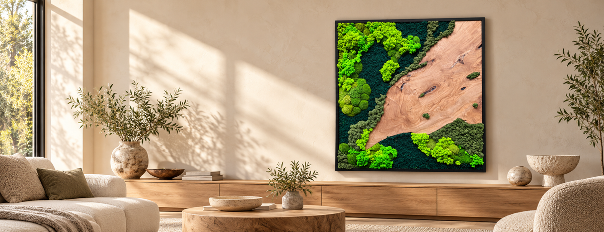 Qaiopn moss and wood artwork in a styling visualization